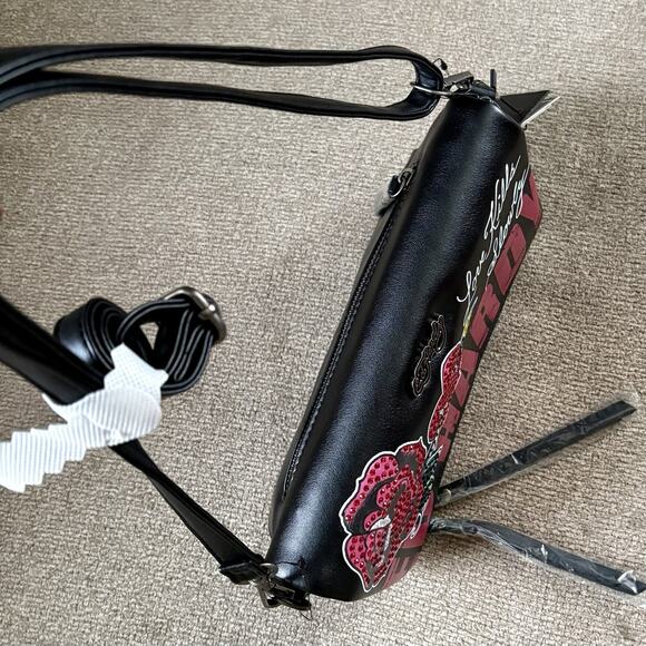 ED HARDY Love Kills Slowly BLK Rhinestone XBODY CLUTCH Rose Y2K Tattoo Skull - Picture 6 of 16